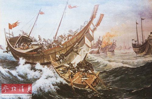 13世纪中期，日本借台风即所谓“神风”击败忽必烈的舰队（绘画作品）。（资料图片）