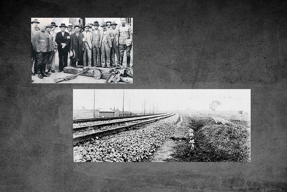 上图为日军在破碎的枕木、军帽、枪支等假证据前留影。下图为日寇伪造的“南满”铁路爆破地点现场。