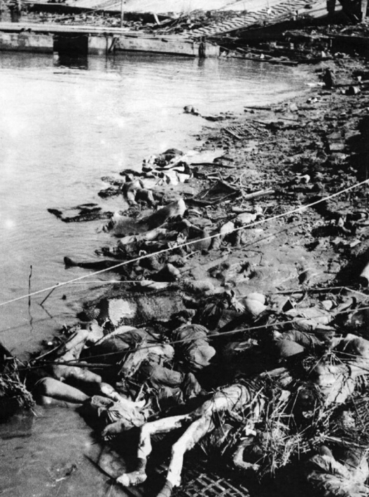 南京大屠杀。日军将被杀害的南京军民尸体投入长江