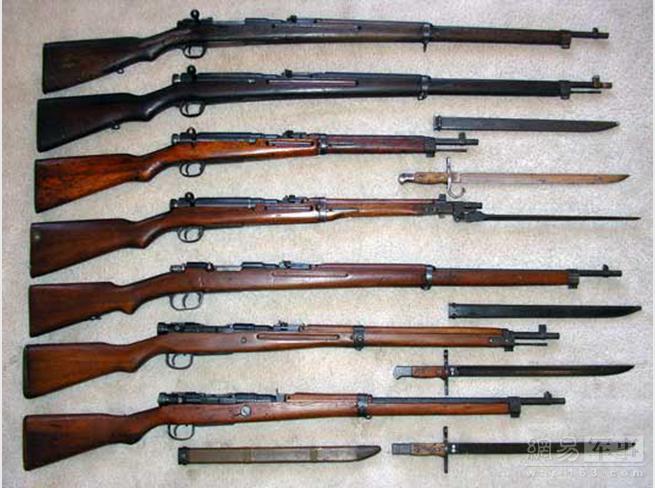 各步枪对比（上至下）：三十式步枪、三八式步枪、三八式卡宾枪、四四式卡宾枪、义式步枪、九九式步枪（中期型）、九九式步枪（末期型）。