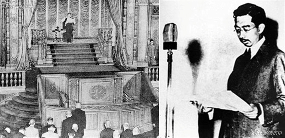 1945年8月15日正午，日本裕仁天皇向全国广播了接受波茨坦公告、实行无条件投降的诏书。图为日本天皇宣布投降(左图)并对全日本广播(右图)。