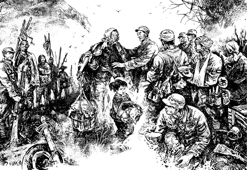 当地百姓听到八路军战斗的消息，纷纷自发送食品、扛担架、背伤员，支援奋勇杀敌的将士。