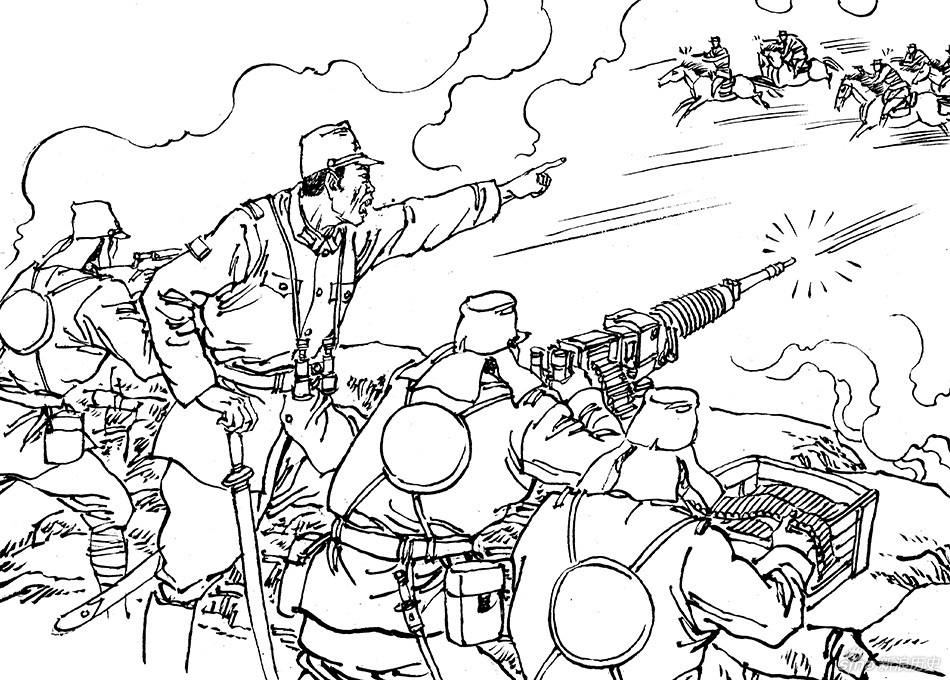 李林带着骑兵连向东突围，人马伤亡严重。敌人封锁了前面的沟口，占据了两面的陡峭山崖。敌人的机枪向李林和骑兵连扫射。