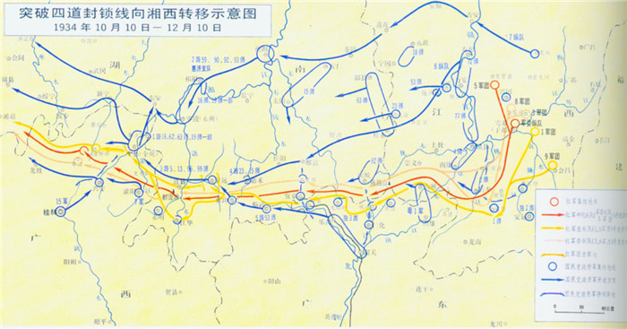 突破四道封锁线向湘西转移示意图。