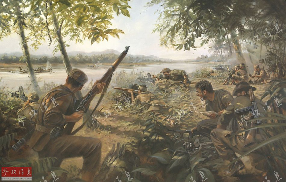 图为描绘克钦突击队员与美军联合抗日的画作。