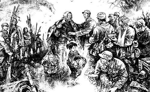 19 当地百姓听到八路军战斗的消息，纷纷自发送食品、扛担架、背伤员，支援奋勇杀敌的将士。