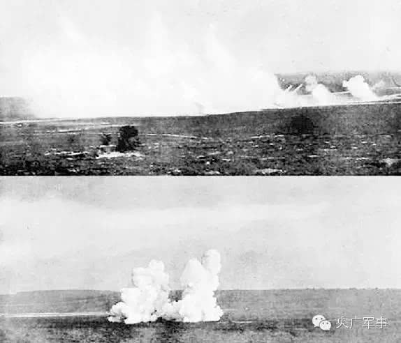 “李文斯”抛射炮齐射（上）和炮弹爆炸（下）时的壮观场面。